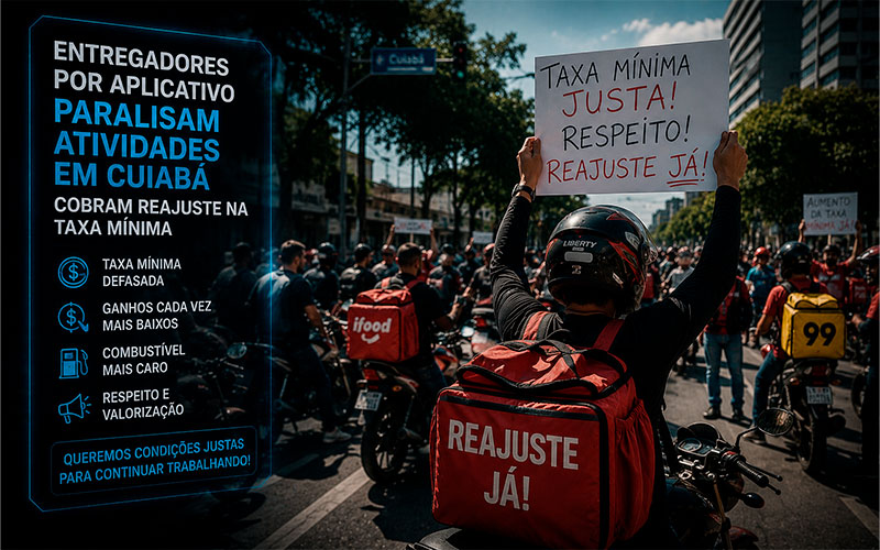 Entregadores por aplicativo paralisam atividades em Cuiabá e cobram reajuste na taxa mínima-sindicolegal