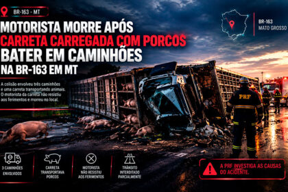 Motorista morre após carreta carregada com porcos bater em caminhões na BR-163 em MT-sindicolegal